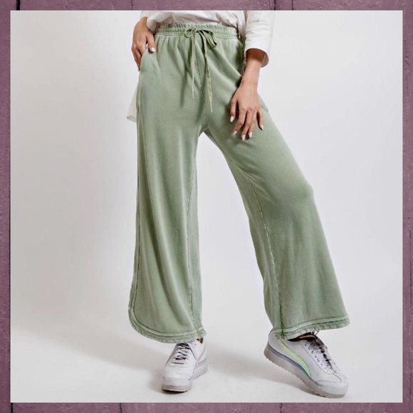 EASEL "So Comfy" Side Seams Scooped Hem Wide Leg Mineral Washed Pants Drawstring - Picture 9 of 16